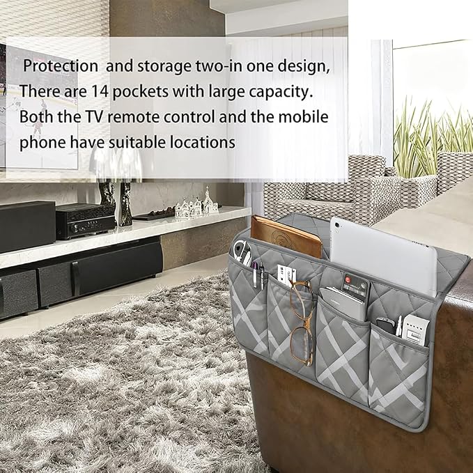 Armchair Caddy,Non Slip Sofa Armrest Organizer, Couch Armrest Remote Control Holder,Waterproof Recliner Arm Caddy with 14 Pockets for Cell Phone TV Remote Control