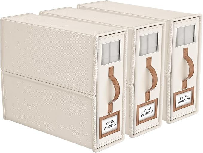 3 Pack Foldable Bed Sheets Set Organizers and Storage(King & Queen Size),Linen Fabric Closet Organizers with Window,Folding Bedding Storage Box for Bedsheets and Pillow Cube Organizer-Beige