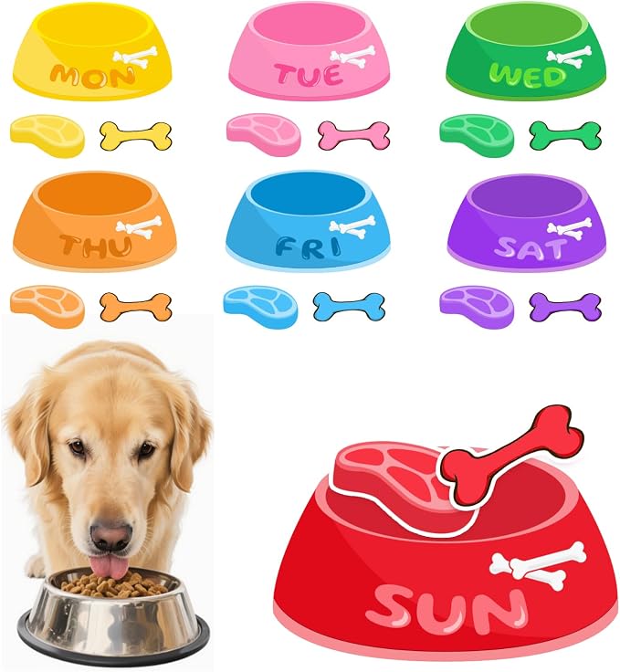 Chris.W Magnetic Dog Feeding Reminder Chart – Weekly Pet Food Tracker with Colorful Bowls, Bones & Meat Stickers – Dog Meal & Treat Planner for Fridge, Reusable Pet Fed Sign for Busy Owners
