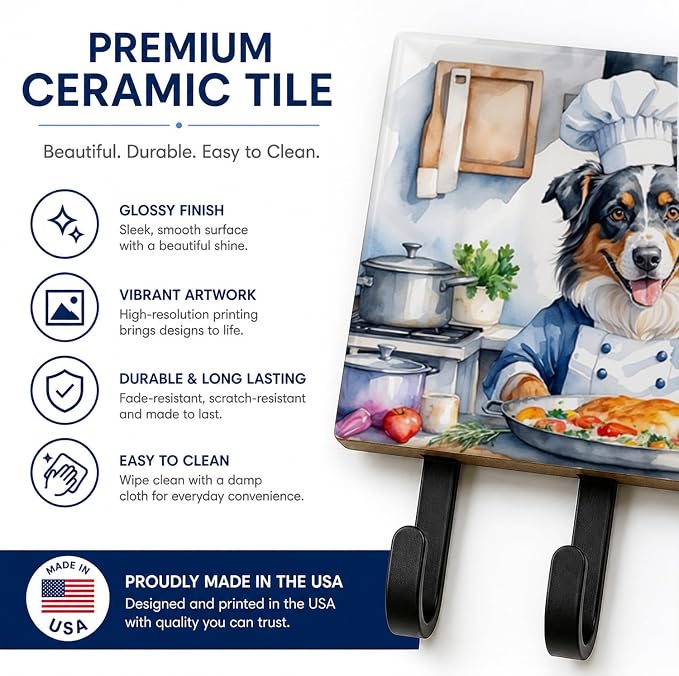 Caroline's Treasures Australian Shepherd The Chef Leash or Key Holder Wall Hooks, Key Hooks Holder, Coat Rack Wall Mount, Coat Hooks, Hooks for Hanging Keys, Towels, Aprons, Leashes | Australian Shepherd The Chef artwork on ceramic tile with three stee...