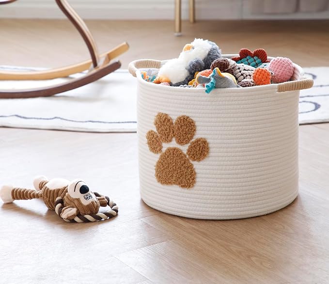 Cotton Rope Doy Toy Basket Woven Pet Storage Bin With Fluffy Paw Print, Large Pet Toy Organizer, White Chew Proof Dog Toy Box for Dog Accessories, Blankets, Leashes