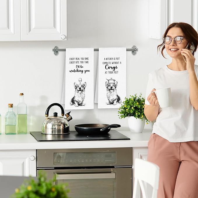 Funny Dog Corgi Kitchen Towels Set of 2, Cute Dish Towel Gifts for Dog Lovers Mom Christmas, Every Meal You Bake Hand Towels Decor for Bathroom, Rustic Tea Bar Towel for Dining Room 16x24in