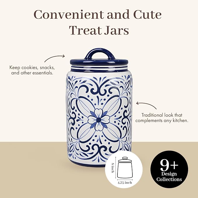 Young's Inc Ceramic Blue and White Talavera Treat Jar with Silcione Seal, 8 Inch Decorative Farmhouse Canister for Kitchen, Countertop, Storage Jar for Cookies, Tea, Sugar, Candy