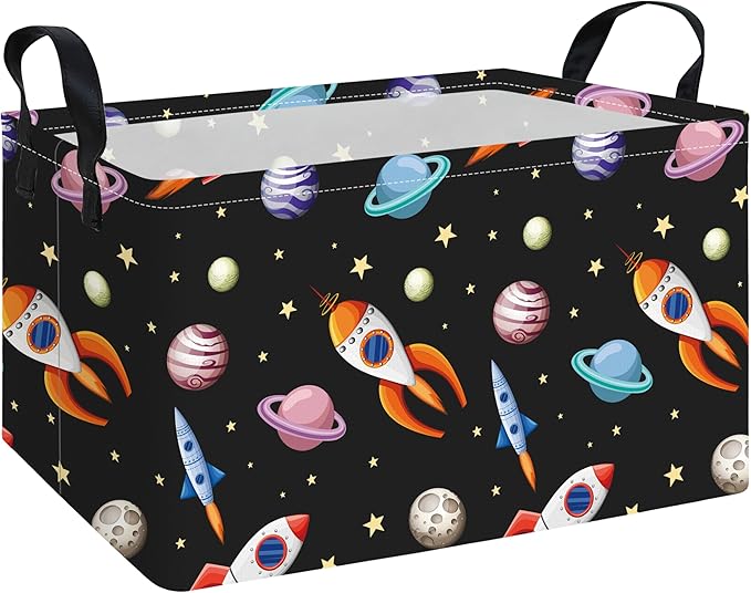 Rectangular Space Planet Rocket Storage Bin Boys Toy Organizer | Laundry Hamper Foldable Canvas with Handles for Organizing Home Kitchen Children Toys Office Closet Shelf Baskets