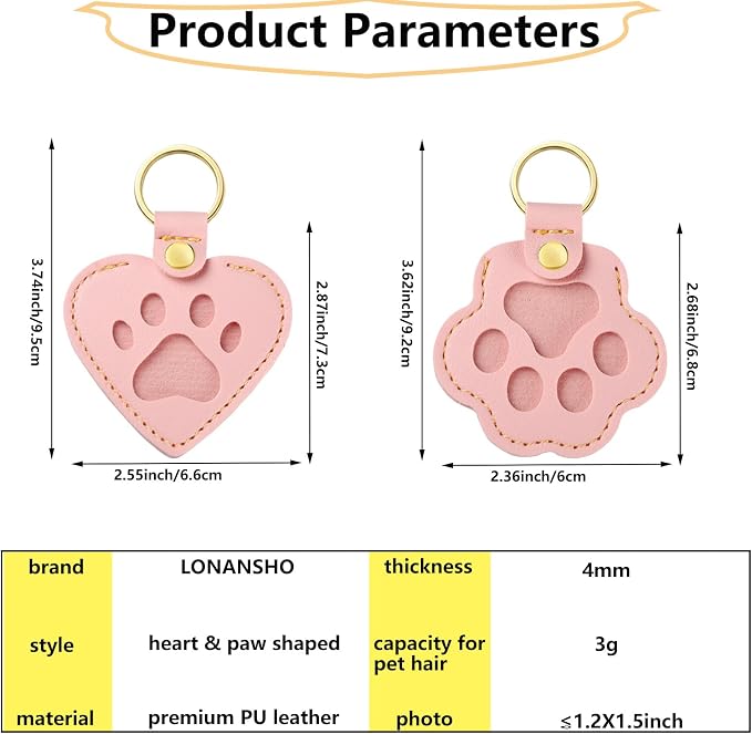 Pet Memorial Keychain for Dog: Heart Leather Keychain Holds 3g Pet Fur | LONANSHO Memory Pet Fur Keepsake Keychain - Holds 3g Pet Fur & 1.2" x 1.5" Photo - Memorial Gift for Dog Cat Owners