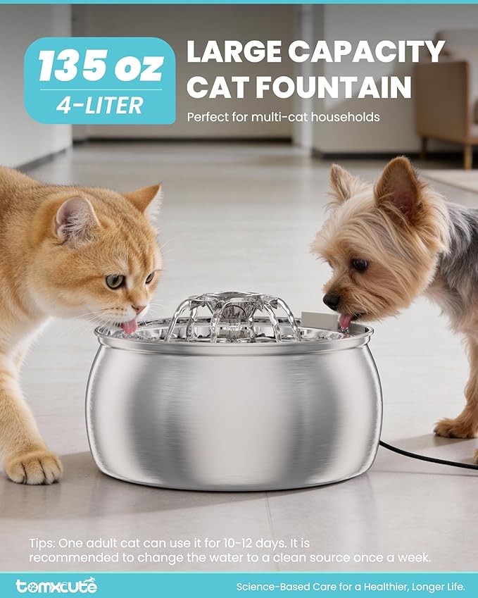 Tomxcute Cat Water Fountain Stainless Steel: 4L/135oz Large Capacity Dual-Mode Flow Ultra Quiet Pump Filtered Circulating Water for Multiple Pets Indoor with 3 Replacement Filters