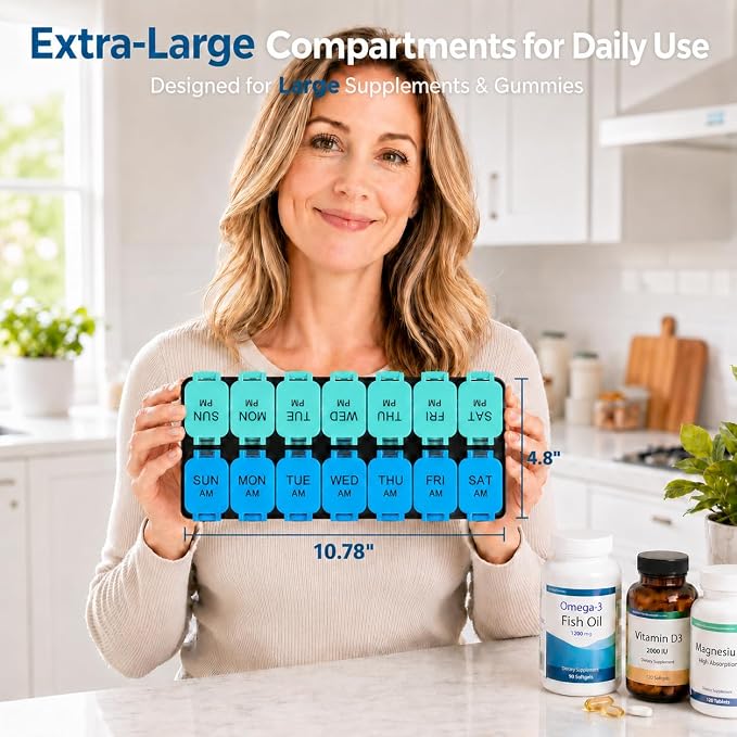 Yaklim Extra Large Weekly Pill Organizer, Detachable 7 Day AM PM Pill Box | XXL 14 Detachable AM PM Compartments；For Big Vitamins & Supplements； Easy to Open & Fill； Waterproof Seals； Easy Readability