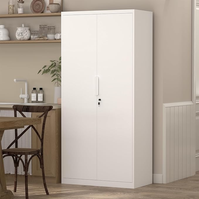 72" H Metal Garage Storage Cabinet with 2 Doors and 4 Shelves, White Steel Locking File Cabinet, Metal Storage Cabinets for Office, Home, Garage, Gym, School