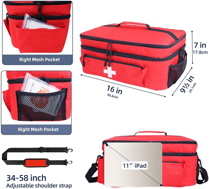 First Aid Bag Empty Large 2 Layer Medical Bag with Shoulder Strap 16”x 9½” x 7” Medicine Organizer Box Travel First Aid kit Emergency Supplies Storage Bag for Car, Home, Office, Outdoor (Red)