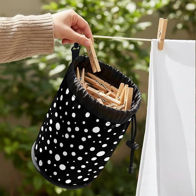 Large Capacity Clothespin Bag with Hanging Hook White Polka Dot Waterproof Clothes Pin Hanging Bag Clothespin Storage Organizer with Large Opening