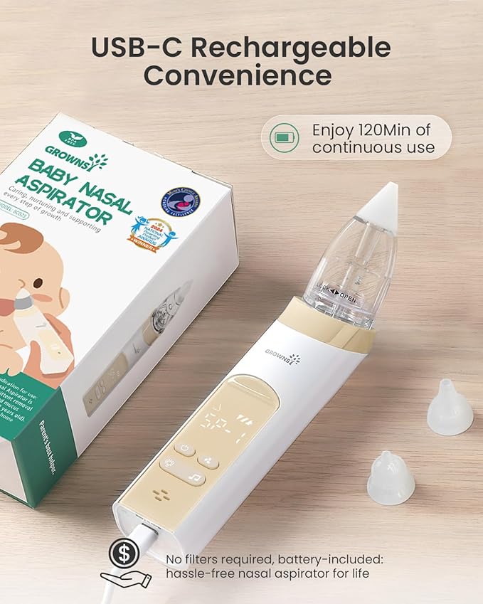 GROWNSY Nasal Aspirator for Baby, Electric Baby Nose Sucker, Automatic Nose Cleaner with Larger Suction Chamber and More Powerful Suction, Music and Light Soothing Function, Beige