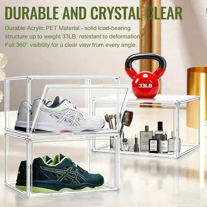 Heavy Duty Acrylic Shoe Box, Size 14, Stackable Everyday Footwear Storage | Wide Magnetic Door, Fits Size 14 Sneakers, Casual Shoes, Athletic Footwear. Clear Acrylic Design & Dustproof Storage