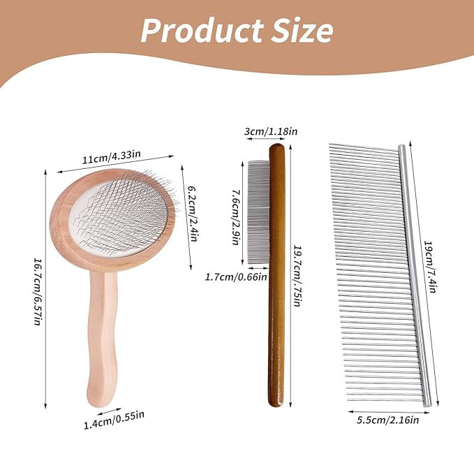 3 Pcs Slicker Brush for Doodle Dogs - Wooden Handle Grooming Comb Set for Goldendoodle, Labradoodle, Poodle - Detangling Tool for Wavy & Curly Hair, Mats & Tangles Removal (Small/Big Dogs & Cats)