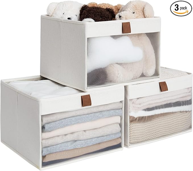 StorageWorks Fabric Storage Bins, Linen Closet Organizer, Beige, 3-Pack | See-Through Mesh Front, Soft Leather Handles, Flip to Show/Hide, For Closet, Shelves, Holds Clothes, Towels, Blankets, Toys