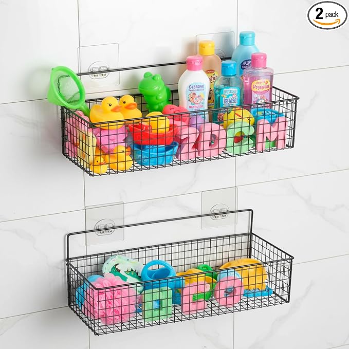 Bath Toy Storage, 2 Pack Metal Mesh Bath Toys Organizer for Bathtub Wall & Shower, Large Capacity Shower Toys Holder with Rustproof Hanging Basket Design for Restroom, Toilet, Bathroom, Kitchen-Black