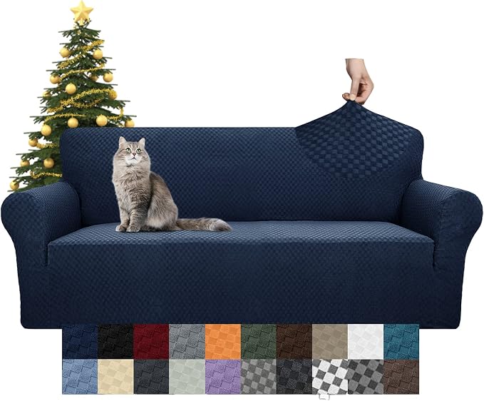 YEMYHOM Couch Cover Latest Jacquard Design High Stretch Sofa Covers for 3 Cushion Couch, Pet Dog Cat Proof Slipcover Non Slip Magic Elastic Furniture Protector (Large, Navy)
