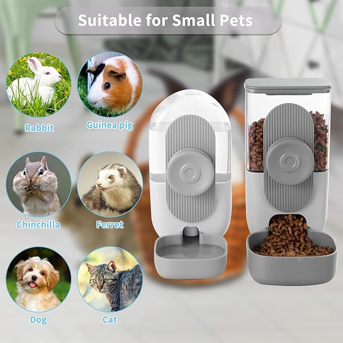 Lemtrflo Hanging Automatic Rabbit Feeder for Cage,Dog Cat Food and Water Dispenser,Rabbit Water Bottle Guinea Pig Food Bowl Set,Gravity Feeder for Cats Dogs (Gray)