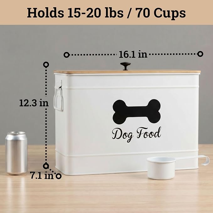 Metal Dog Food Container 15-20 lbs w/ Airtight Bamboo Lid, 70 Cup Capacity | Pet Jar For Dogs up to 100lbs, Airtight Bamboo Lid, Sturdy Comfortable Metal Handle, Powder Coated Iron, Kibble Storage Bin