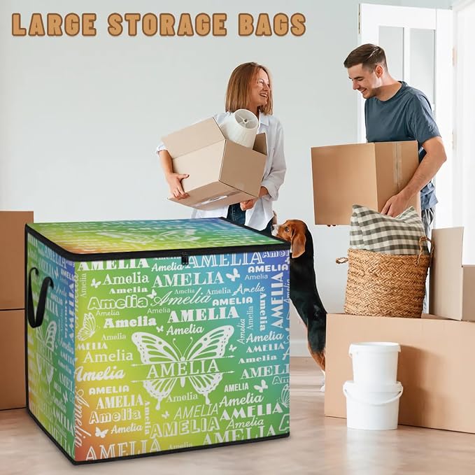 Personalized Name Foldable Storage Basket Cubes with Lid, Butterflies Dirty Clothes Pet Toys Storage Bin with Handles for Shelf Home Closet Kitchen, Gradient Yellow Green Blue Background