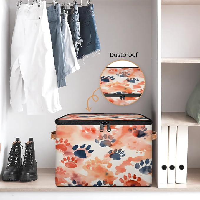 Storage Bins Animal Paw Print Storage Basket with Zipper Lid & Handle Foldable Storage Box Storage Cube Bin Clothes Organizer for Closet, Bedroom