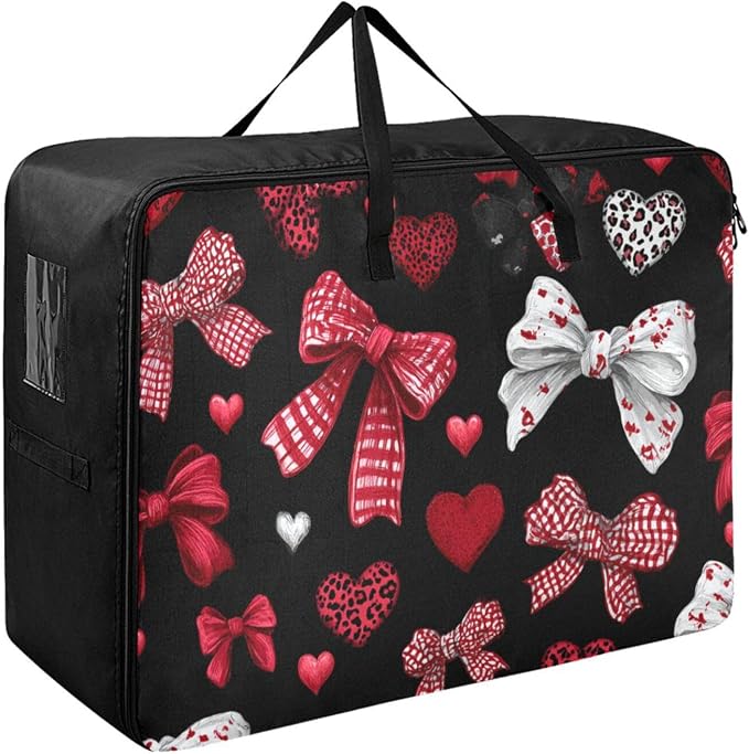 Comforter Storage Bags Large Folding Blanket Organizer Bag with Strong Handles Clear Window Closet Storage Containers for Clothes King Queen Pillows Bedding Quilt Duvet Red Bows Hearts