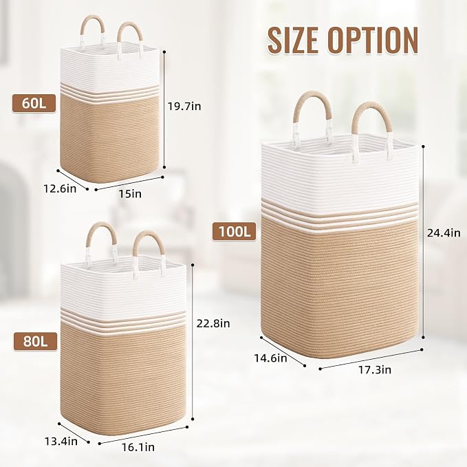 Laundry Basket Hamper,Blanket Storage,Dirty Clothes Hamper with Swivel Handles,Woven Cotton Rope Toy Baskets,Blanket Basket Living Room,Decorative Hampers for Nursery,Bedroom,White & Brown,60L