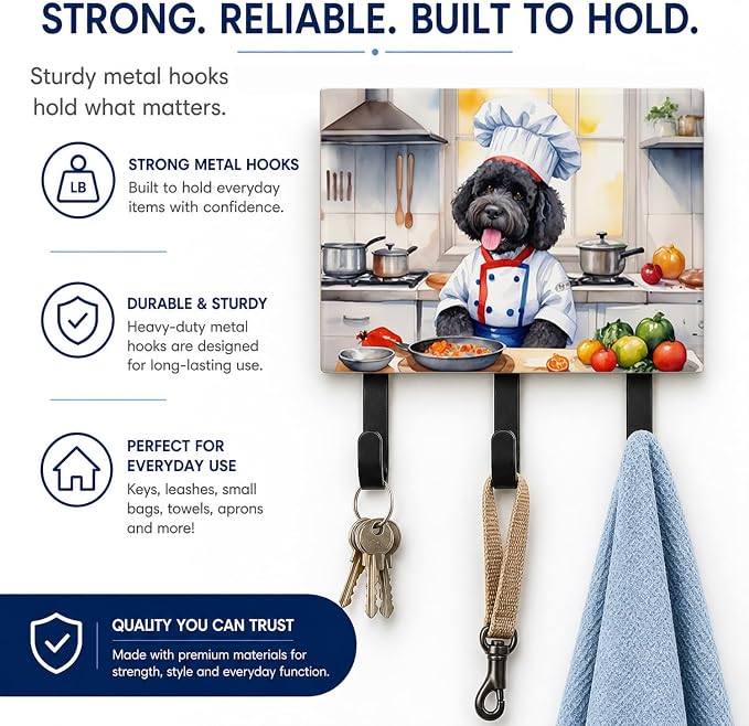 Caroline's Treasures Portuguese Water Dog The Chef Leash or Key Holder Wall Hooks, Key Hooks Holder, Coat Rack Wall Mount, Coat Hooks, Hooks for Hanging Keys, Towels, Aprons, Leashes | Portuguese Water Dog The Chef artwork on ceramic tile with three st...