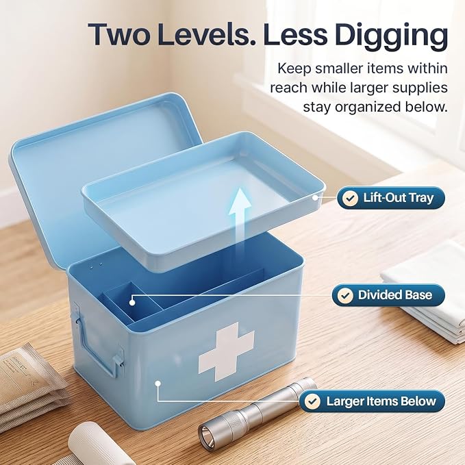 Flexzion Large Metal First Aid Box Empty, 8.5-Inch, Blue with White Cross | Vintage Medicine Box and First Aid Storage Organizer with Removable Tray and Dividers; Empty Box Only, Supplies Not Included