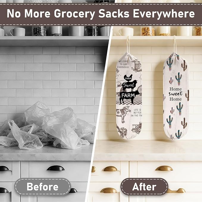 2Pcs Farmhouse Plastic Bag Holder for Kitchen Essentials, Reusable Hanging Grocery Bag Organizer, Washable Large Grocery Trash Bags Storage Dispenser, Farmhouse Home Decor