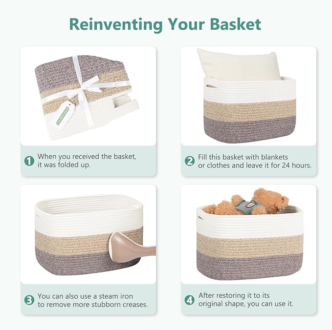 ECDYQXVU 15x10x9 Inch Woven Cotton Rope Storage Basket, 2 Pack | Foldable Design, Built-in Handles, Space-saving Organizer for Living Room, Bedroom, Laundry, Shelves, Clothes, Towels