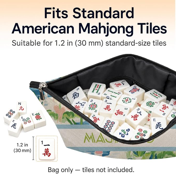 Summer Blue and Green Beach Empty Mahjong Tile Bag 13x7.8 Inch, | Boho Printed Portable Travel Case Organizer Zipper Pouch for American Mahjong Tiles Game Night Accessories and Gifts