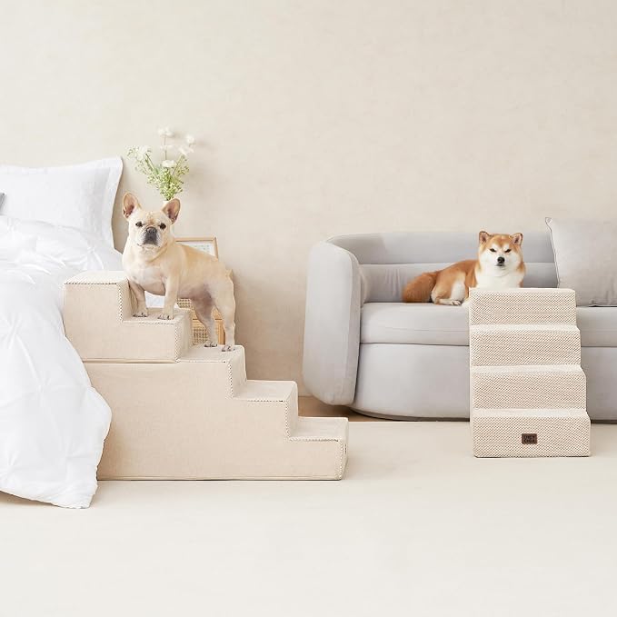 EHEYCIGA Dog Stairs for High Bed 25" H, Extra Wide Dog 5-Step, Beige | Pet Steps for Small Dogs and Cats for Bed, Non-Slip Balanced Pet Ramp Indoor
