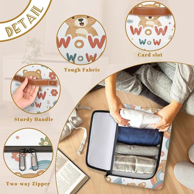 Custom Cute Bear Storage-Bin With Zipper Lid for Kids-Girls-Boys-Baby-Pet,Personalized Name Foldable Storage Box with Handle,Baby Basket With Label for Bedroom Nursery Toy Clothes,White