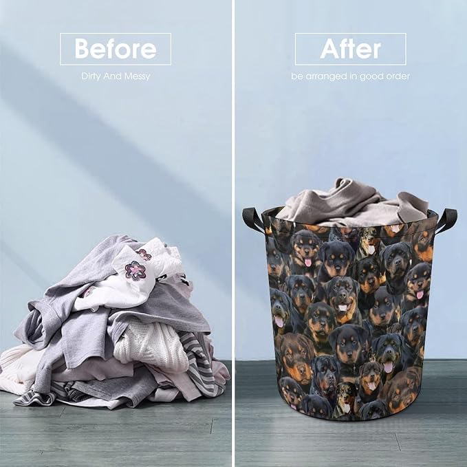 Rottweiler Print Laundry Basket, Funny Rottweiler Dog Face Laundry Hamper, Foldable Waterproof Oxford Cloth Tote Bag Dirty Clothes Storage Bucket Organizer for Bathroom Bedroom