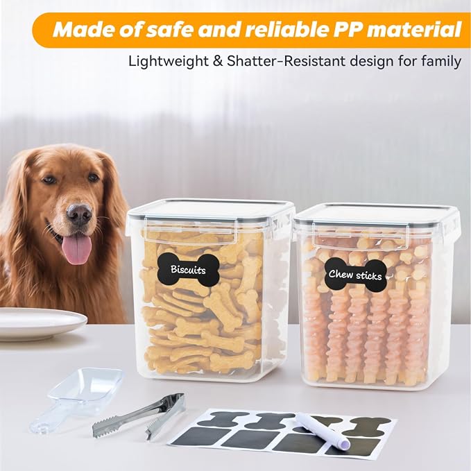 qeerable Airtight Dog Treat Jars with Scoops & Tongs - Small Pet Food Storage Containers for Kitchen Counter - 2-Pack Clear Plastic Dog Treat Holder & Canister for Puppy Training Rewards