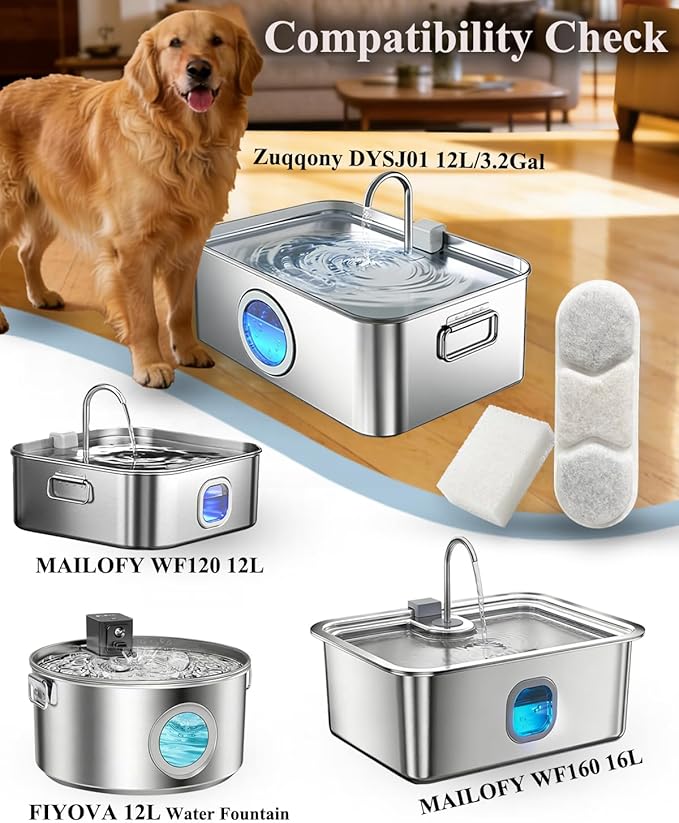 12-Pack Dog Water Fountain Filters Compatible with Zuqqony DYSJ01 12L Water Fountain,Pet Water Replacement Filters fit for MAILOFY WF160 16L & WF120 12L FIYOVA Pet Water Dispenser with Visible Window