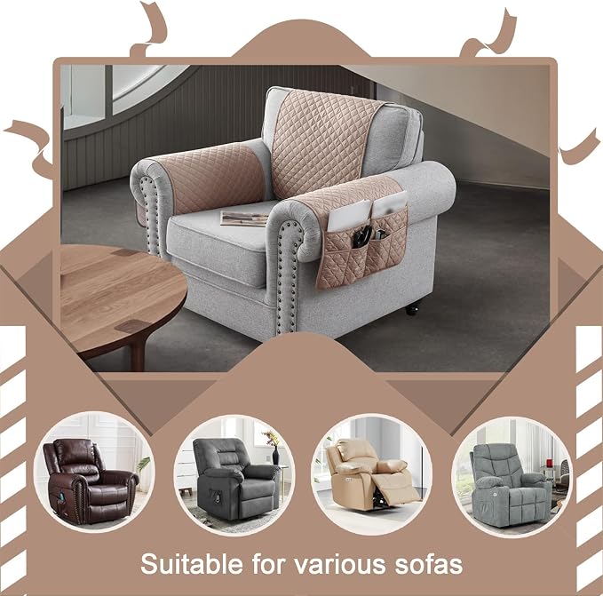 Water-Resistant Sofa Armrest and Headrest Covers with Side Pocket | Keep remotes close quilted polyester helps guard against wear, pet scratches, and kids' messes silicone backing adds grip