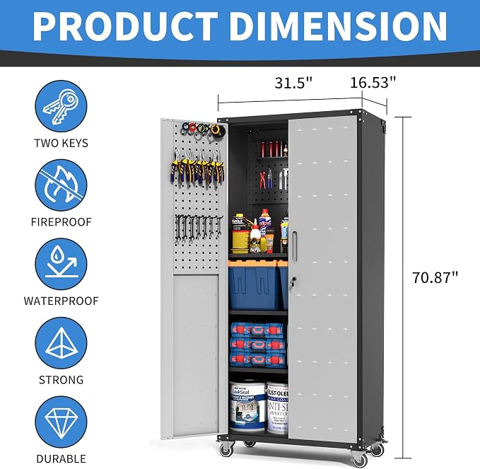 Metal Storage Cabinet for Garage, Tool Cabinet, Utility Cabinet | with Wheels, Tall Tool Cabinet, Lockable, 2 Doors, Adjustable Shelves, Pegboard, Assembly Required, Black & Grey