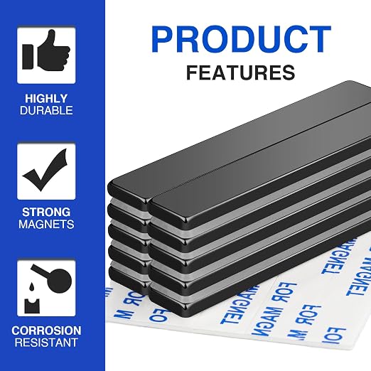10 Pack Neodymium Bar Magnets with Adhesive Backing 60x10x3mm Black | Fridge Magnetic Strips Refrigerator Blocks Crafts Extra Super Sticky Bar for Science Experiments Classroom Craft Office