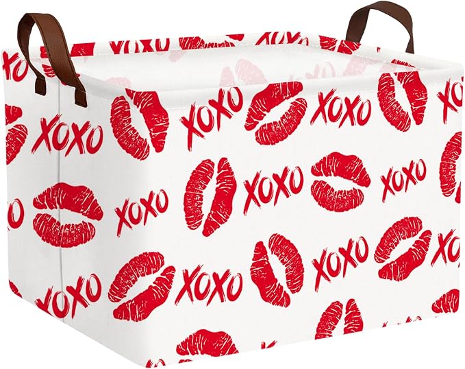 Valentine's Day Basket for Gifts Empty Cute Heart Large Gift Basket Decorative Storage Bin for Kid and Baby Room Décor (XOXO Red Lips)
