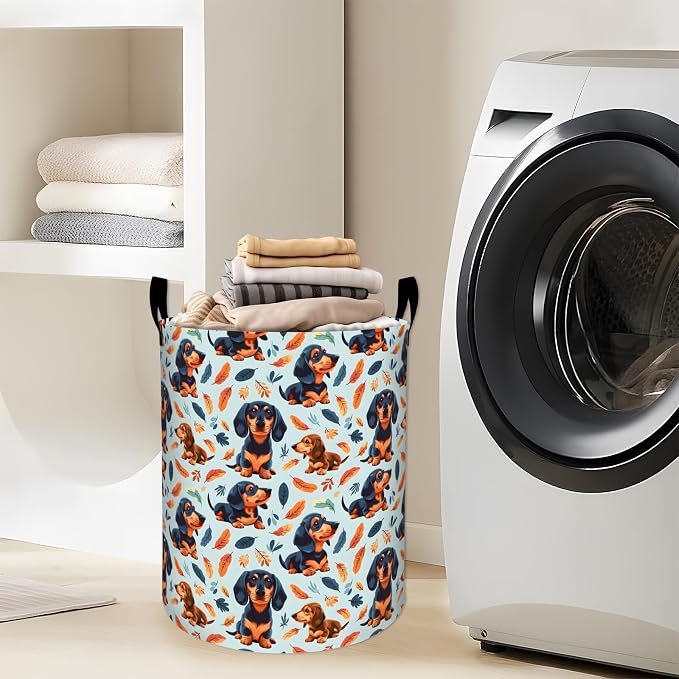 Playful Dachshund with Leaf Laundry Basket with Handles, 19.7"x15.7" Clothes Foldable Cute Puppy Dog Pet Laundry Hamper Organizer for Dorm Nursery Bedroom Bathroom Decor, Toy Storage Bin for Kids