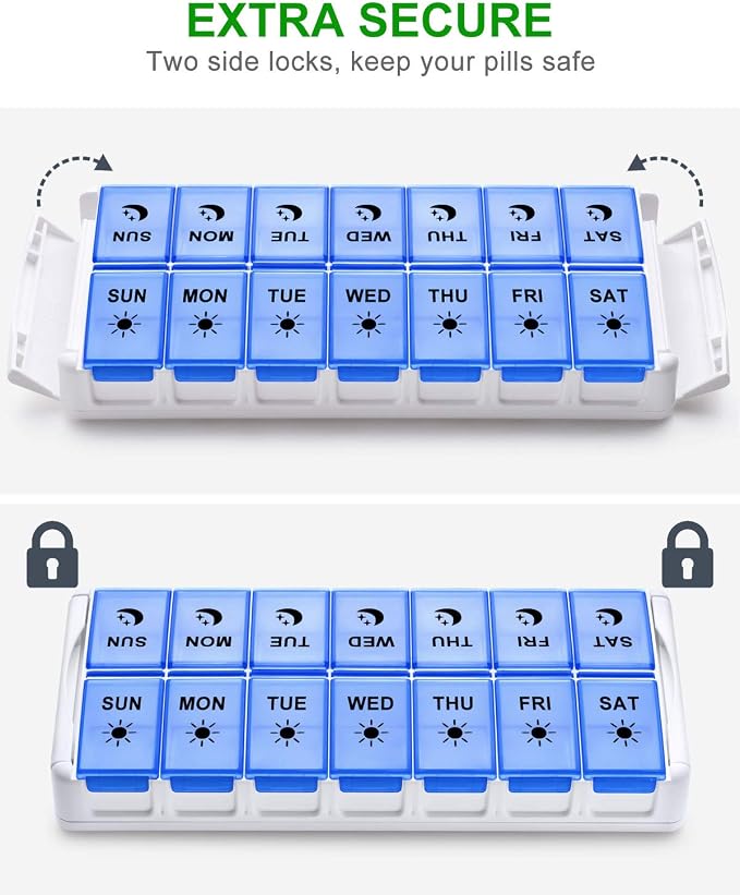 Weekly Pill Organizer 7 Day 2 Times a Day Extra Large, Quick Fill 2020 Fullicon AM PM XL Daily Pill Cases Pill Box with Detachable Base - White/Blue (Patent Registered) (Pack of 2)