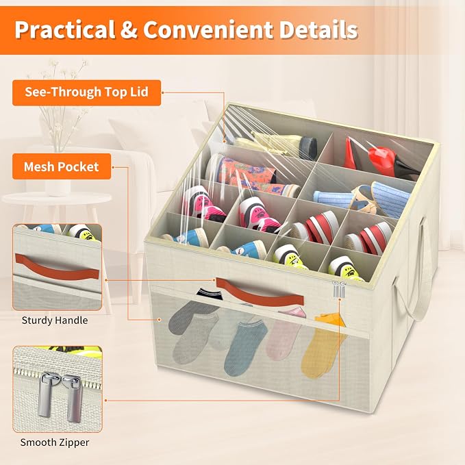 Aokeyee 2 Pack Shoe Organizer for Closet, Stackable Shoe Storage Box, Beige | Fits up to 32 Pairs, Space Saving, Foldable, Shoes Organizer Bin with Clear Cover, 4 Reinforced Handles