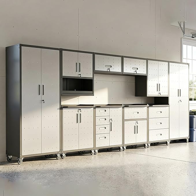10-Piece Heavy Duty Steel Garage Cabinet System | All-in-One Modular Garage Cabinet Set for Ultimate Workshop Organization | Easy Assembly Garage Storage Cabinets & Tool Bench