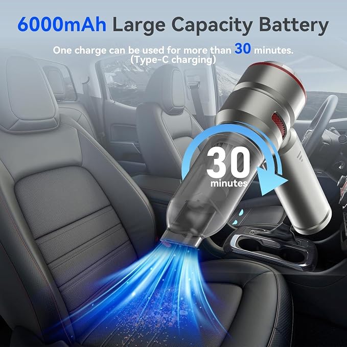 Car Vacuum Cleaner High Power, 20000 Pa 4-in-1 Powerful Vacuum for Car, 6000 mAh, USB-C Rechargeable, Portable, Mini Vacuum Cleaner for Wet/Dry Cleaning, Home, Kitchen, Office, Pet Hair.