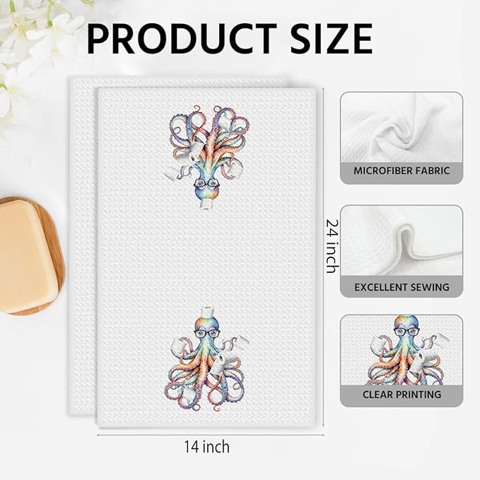 2PCS Funny Octopus Bathroom Towels 24x14 Inch, Octopus Toilet Paper Reusable Durable Microfiber Dish Cloth Hand Towel, Waffle Weave Tea Towels for Bathroom Home Decor, Ocean Gifts for Women Friend