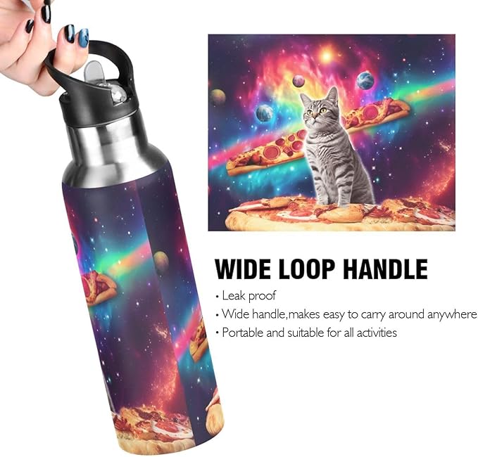 Cat Pizza Planets Space Water Bottle with Straw Lid Kids Insulated Stainless Steel Water Flask Sports, 20 Oz Hot Cold