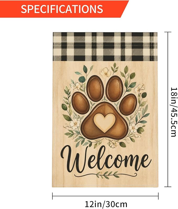 Welcome Golden Retriever Dog Cat Garden Flag With Leaves Buffalo Plaid Paw Prints Stained Glass Style For Outside 12x18 in