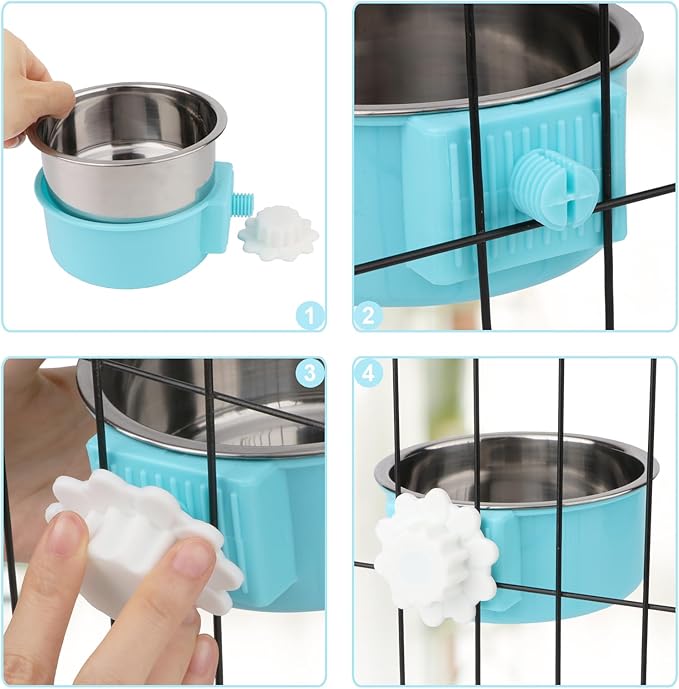 Hypeety Dog Crate Water Bowl No Spill - Hanging Attachable Pet Bowls for Kennel Durable Stainless Steel Food Water Dishes for Small Dogs Cats Rabbits Parrots with Non-Slip Base (Blue 2pcs)