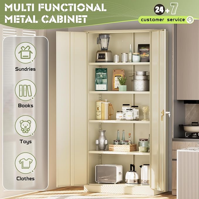 Crownland 72" Metal Storage Cabinet, Lockable Garage Storage Cabinets, High Office Cabinet with Adjustable Shelves for Garage, Home Office, Pantry, File, Warm Gray